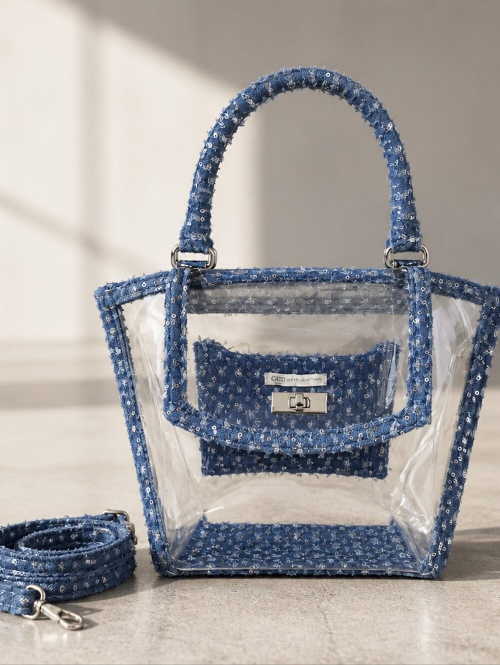Cato Clear Tote with Blue Sequince Trim